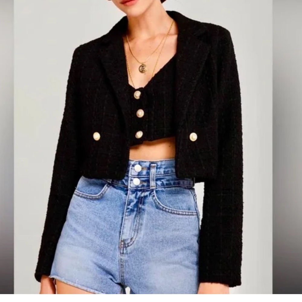 NWT Storets cropped tweed black open blazer jacket sz S/M S/ M